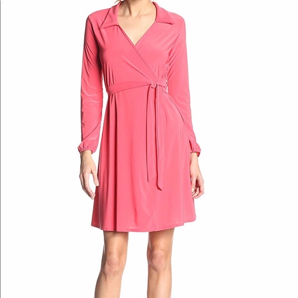Women's Long-Sleeve Full Wrap Dress in Coral - Picture 8 of 8